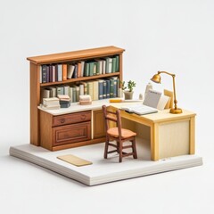 Miniature Study Desk with Bookshelf and Desk Lamp