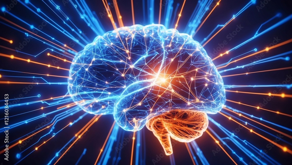 Poster abstract representation of a glowing neural network in vivid blue and orange lines, symbolizing brai