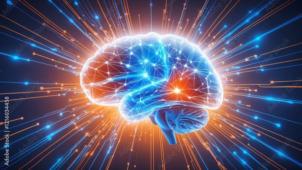Poster abstract representation of a glowing neural network in vivid blue and orange lines, symbolizing brai