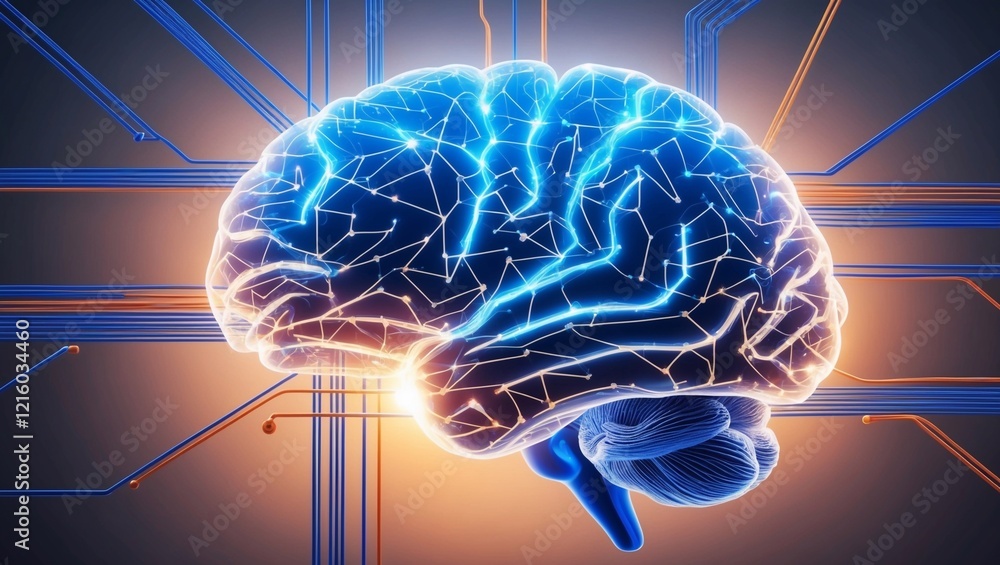 Poster abstract representation of a glowing neural network in vivid blue and orange lines, symbolizing brai