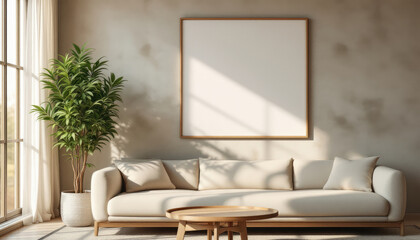 a large window with white curtains, a white sofa with three pillows, a wooden coffee table, and a potted plant. Cozy modern living room with photo frame design