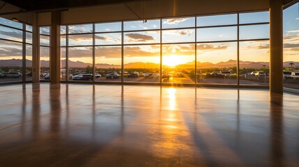 Fototapeta premium Empty car dealership lot at sunset, showcasing a serene and quiet atmosphere with no vehicles or customers, reflecting the end of a business day and the transition to evening calm