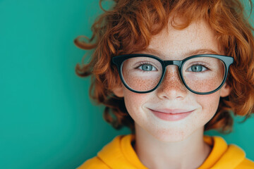 Smiling Caucasian child with red hair and glasses, wearing a yellow shirt, against a green background portrait