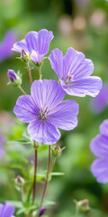 Fototapeta premium Vibrant purple geraniums with delicate petals in a lush green garden setting