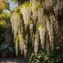 A cascading wall of white wisteria under soft sunlight.