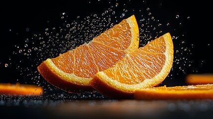 Juicy orange slices splashing, dark background, food photography, healthy eating