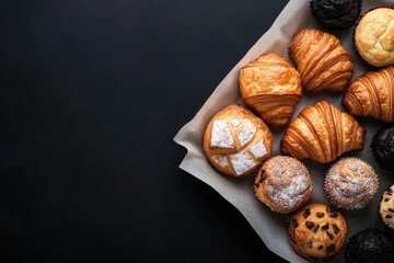 Obraz premium beautiful overhead shot of tray filled with mixed pastries croissants and muffins on parchment paper