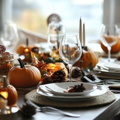 Naklejka premium Autumnal Thanksgiving table setting, indoor, family gathering