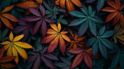 Fototapeta premium Vibrant cannabis leaves showcasing unique colors and intricate patterns.