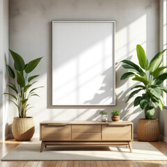 a large wooden table with three drawers, a large blank picture frame, and two potted plants on either side of the table. Cozy modern living room with photo frame design