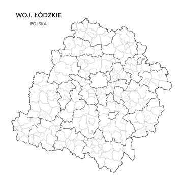 Administrative Map of the Ł&oacute;dź Voivodeship (Ł&oacute;dzkie) with Municipality Areas (Obszary Gmin), Municipalities (Gminy), and Counties (Powiaty) Subdivisions as of 2025 - Poland (Polska) - Vector Map