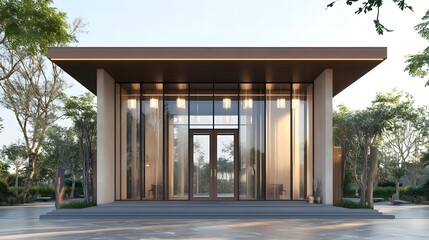 Insurance office exterior with glass windows showcasing modern architecture, reflecting professionalism and transparency in financial services and client trust
