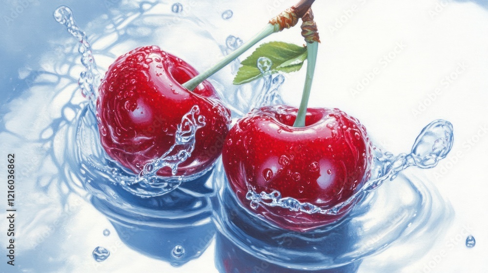 Wall mural Two ripe red cherries splashing in clear water, creating dynamic ripples and droplets.