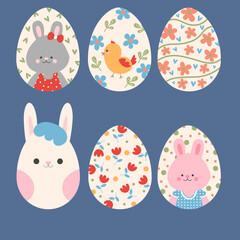 set of eggs with flowers rabbit and geometric shapes for Easter decoration
