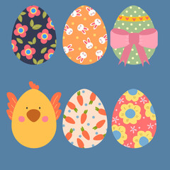set of eggs with flowers rabbit and geometric shapes for Easter decoration