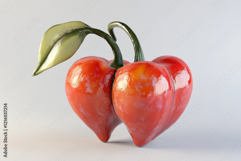 Poster A Heart Shaped Red Fruit With Green Stem And Leaf