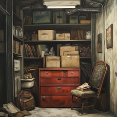 Dusty Attic Room with Red Chest of Drawers and Old Chair.