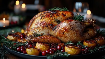 Roast turkey with herbs and fruits on festive table