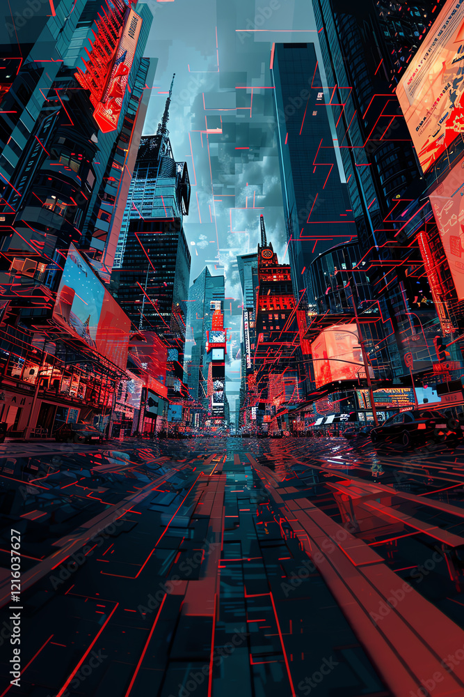 Fototapete capture a mesmerizing low-angle view of a sleek, futuristic cityscape intertwined with the concept o