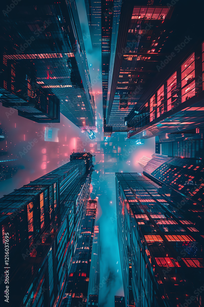 Fototapete capture a mesmerizing low-angle view of a sleek, futuristic cityscape intertwined with the concept o