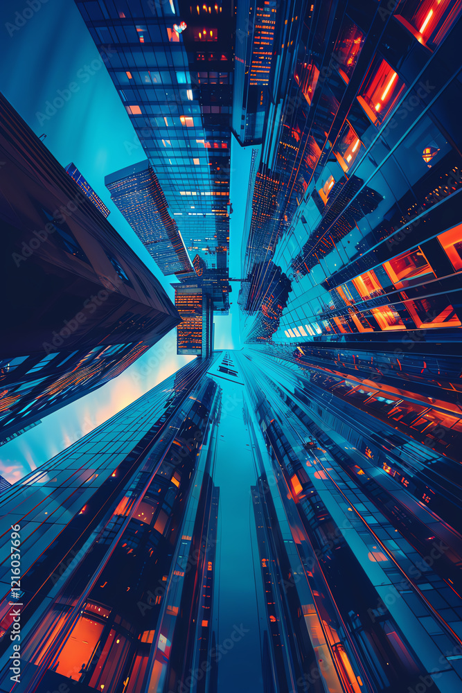 Fototapete capture a mesmerizing low-angle view of a sleek, futuristic cityscape intertwined with the concept o