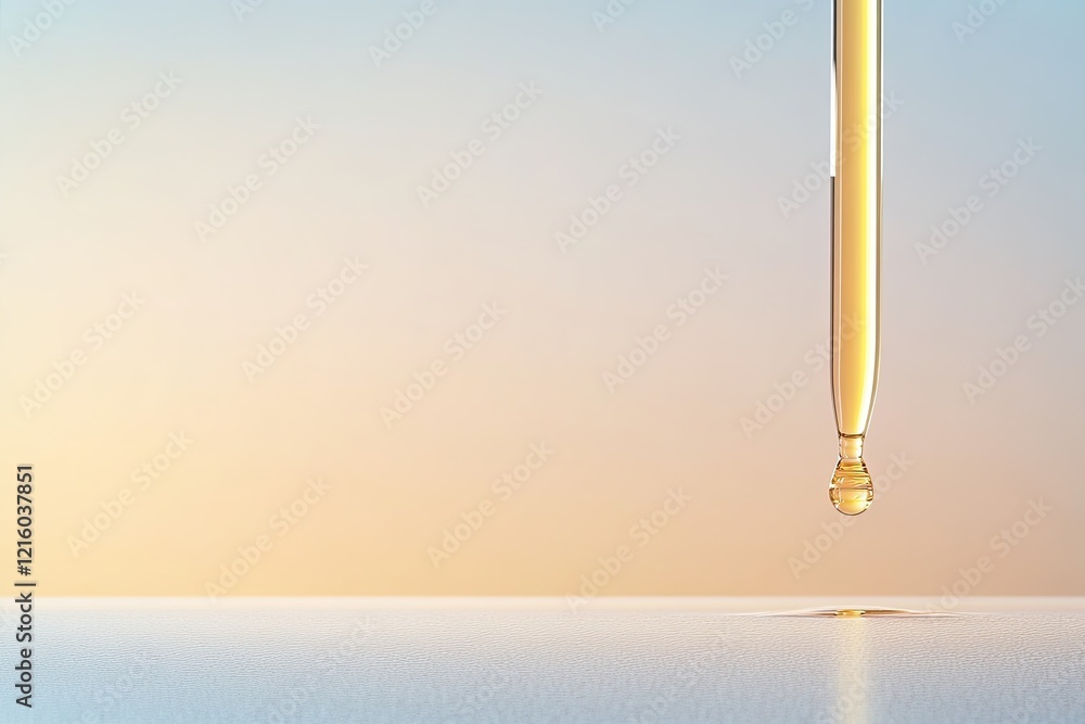 Poster clean and abstract display of serum dropper releasing golden liquid set against neutral gradient bac