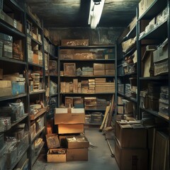 Obraz premium Dusty Archive Room Filled with Cardboard Boxes and Old Files.