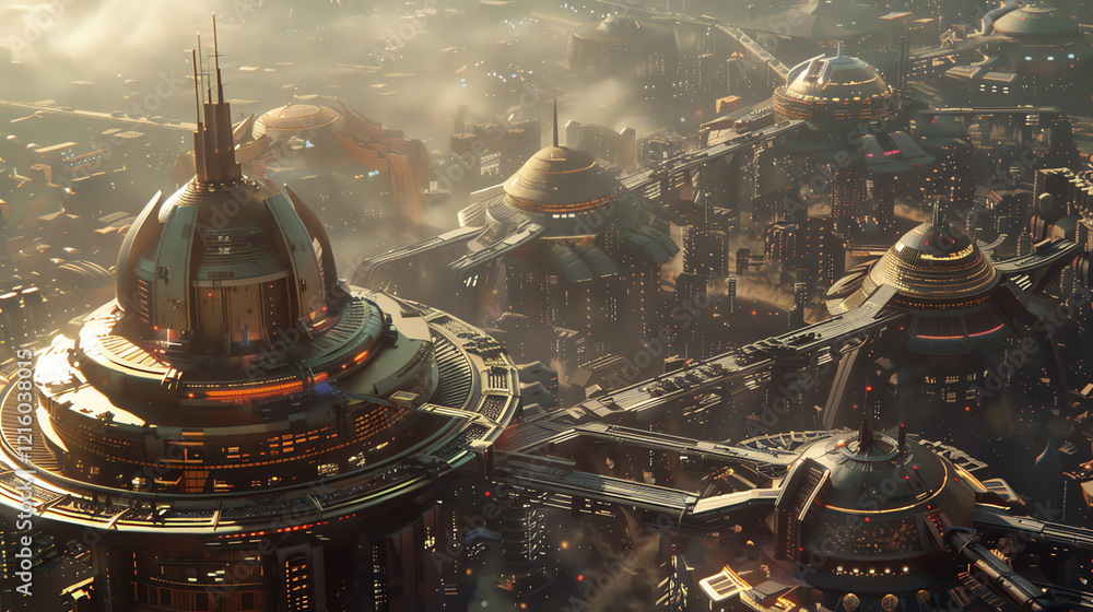 Poster capture an aerial view of a bustling futuristic cityscape with sleek, advanced technologies intertwi