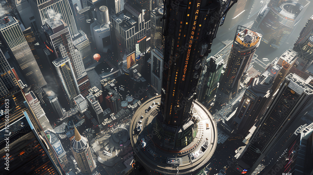 Poster capture an aerial view of a bustling futuristic cityscape with sleek, advanced technologies intertwi