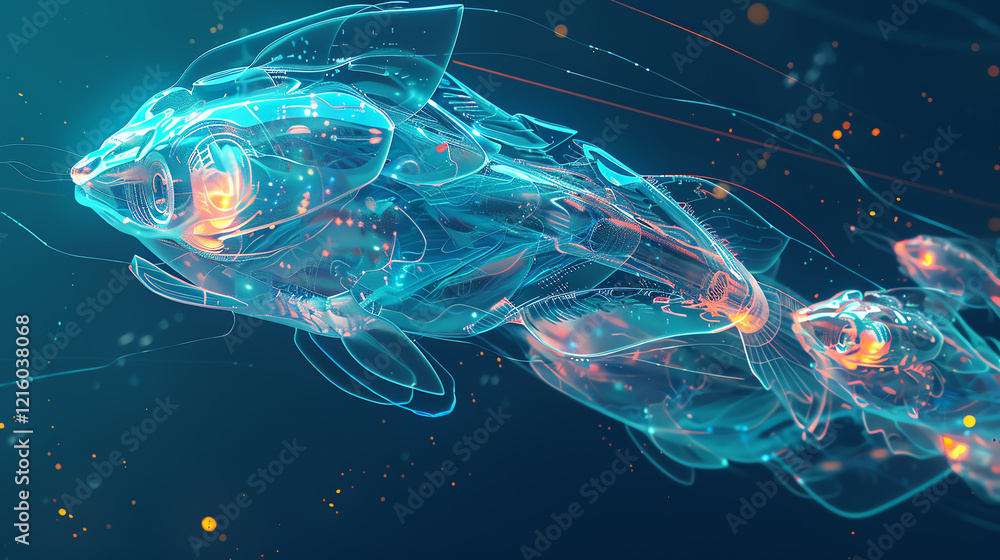 Poster capture the enchanting dance of biomechanical fish robots from a high-angle view illuminated by neon