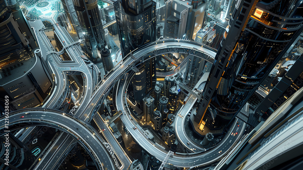 Poster capture an aerial view of a bustling futuristic cityscape with sleek, advanced technologies intertwi