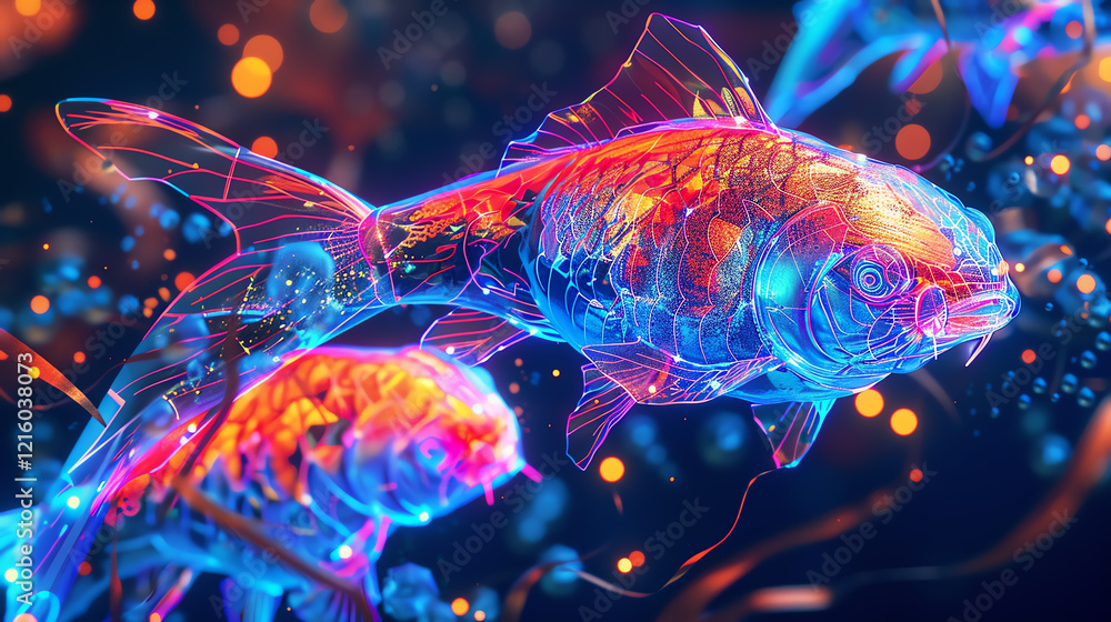Poster capture the enchanting dance of biomechanical fish robots from a high-angle view illuminated by neon