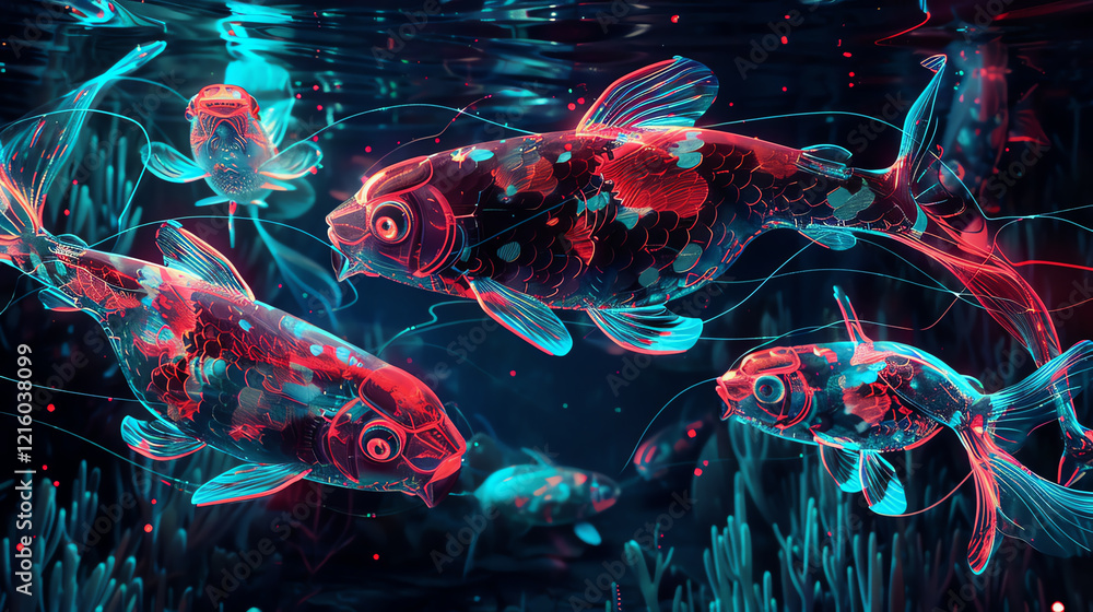 Poster capture the enchanting dance of biomechanical fish robots from a high-angle view illuminated by neon