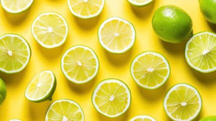 Fototapeta premium Fresh and Juicy Green Limes and Bright Yellow Background, Perfect for Citrus, Healthy Eating, Cooking, or Beverage Themes in Stock Photography