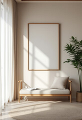 a large window with white curtains, a wooden bench with a cushion, a large blank picture frame, and a potted plant. Cozy modern living room with photo frame design