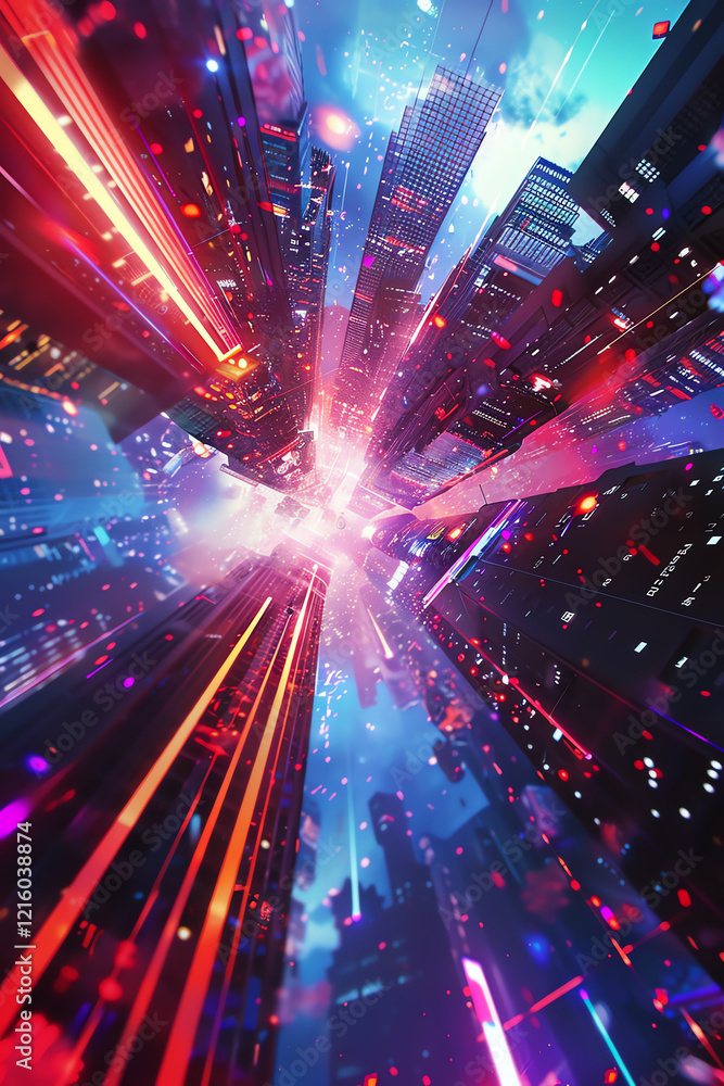 Poster capture the fusion of futuristic technologies and festive celebrations in a dynamic, tilted angle vi