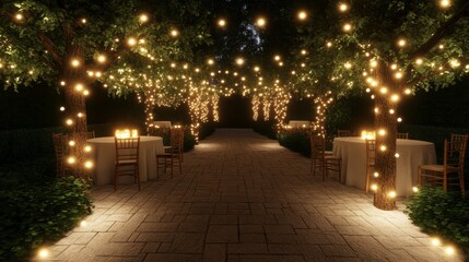 Fototapeta premium Romantic Outdoor Evening Dinner Party Under String Lights