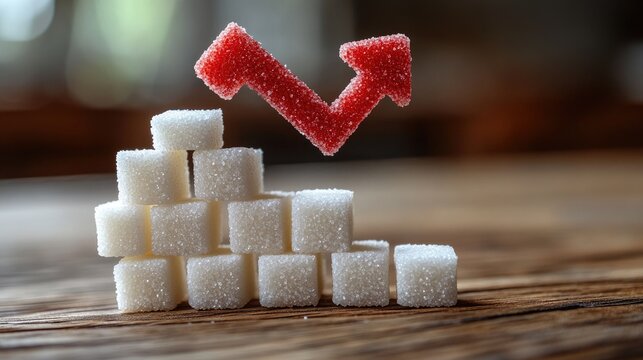 Sugar consumption decrease represented by red arrow and white sugar cubes