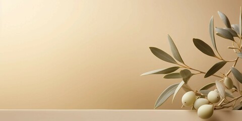 Minimalistic nature concept with copy space Elegant olive tree leaves on neutral soft pastel beige wall Copy space 