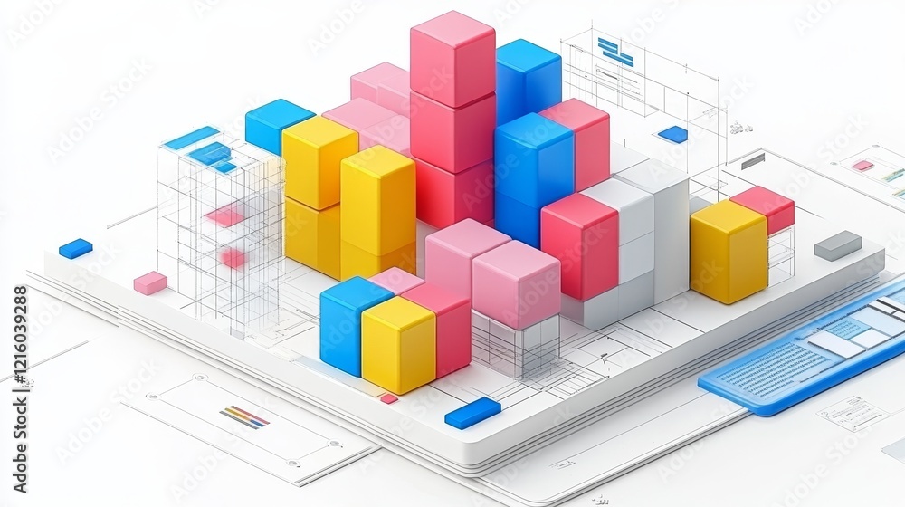 Poster colorful 3d bar graph data visualization on a financial report background