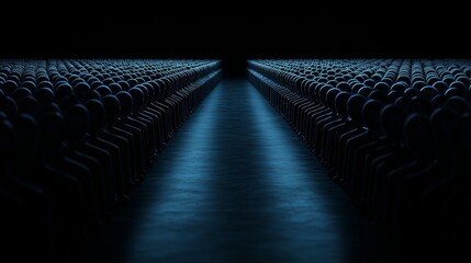 Obraz premium Rows of Identical Figures in Dark, Lit Pathway