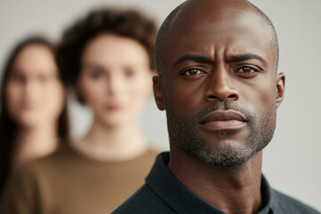 Naklejka premium Confident Man in Focus with Blurred Figures Symbolizing Leadership and Determination
