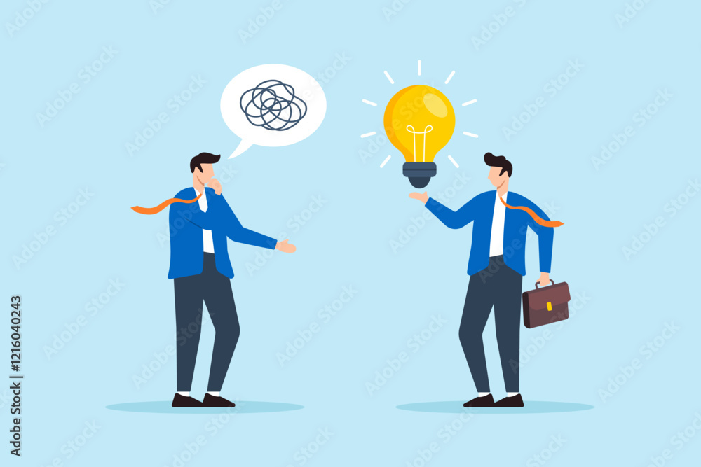 Poster flat illustration of confused businessman with messy thought receive lightbulb solution from colleag