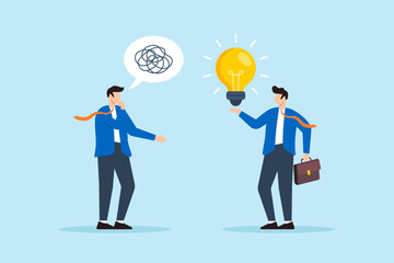 Flat illustration of confused businessman with messy thought receive lightbulb solution from colleague solving problem