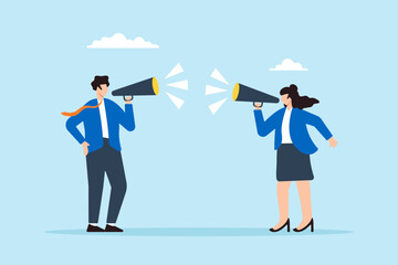 Flat illustration of businessman and woman shout through megaphone announcing job vacancy for hiring