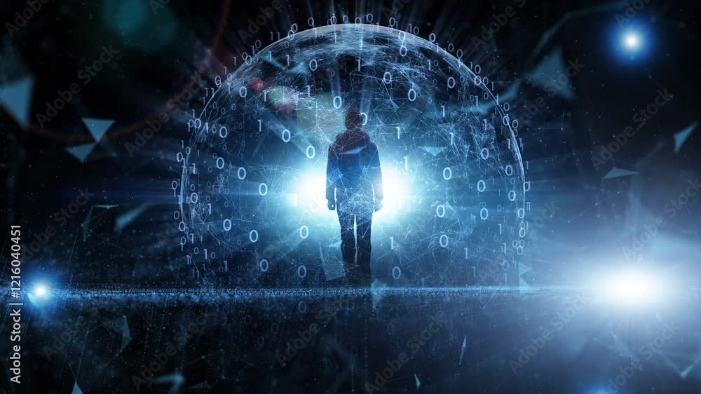 Poster computer data sphere with a people and cyberspace network.