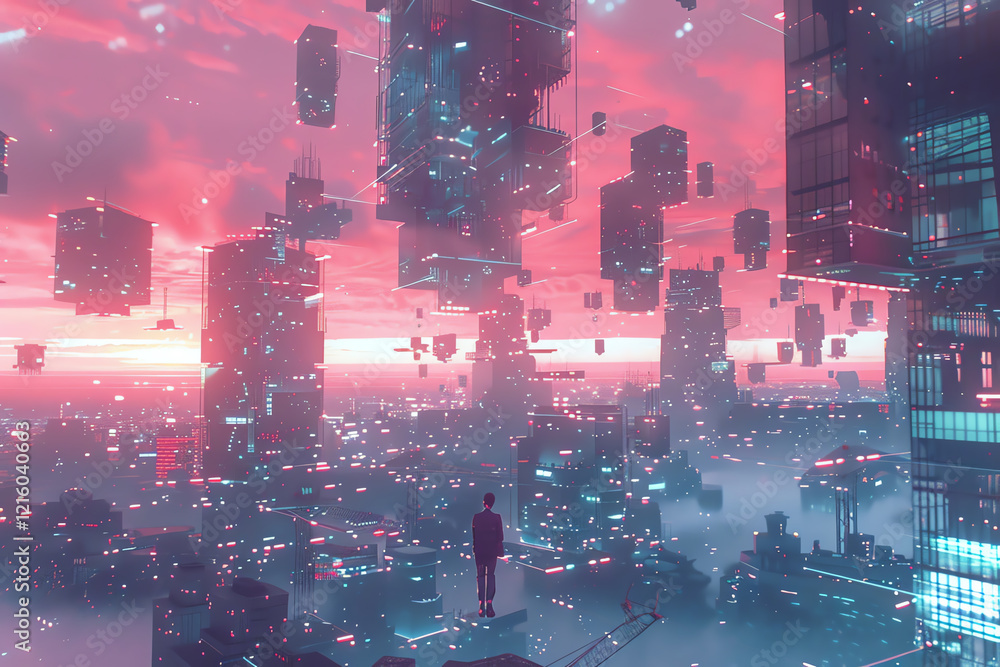 Poster craft a surreal depiction of a futuristic cityscape with floating geometric shapes representing vari