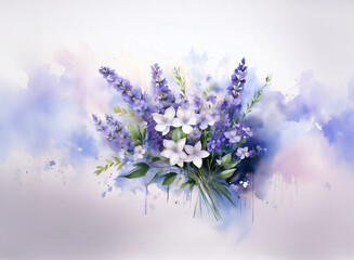 Obraz premium A vibrant bouquet of lavender and white flowers, artfully arranged against a soft watercolor background of blues and purples. The image evokes serenity and natural beauty.