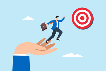 Flat illustration of businessman jump from giant hand to progress toward target symbolizing business mentorship