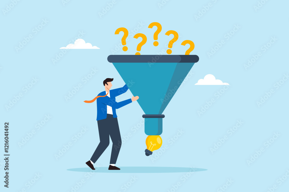 Poster flat illustration of smart businessman using funnel to filter solution from question mark symbolizin